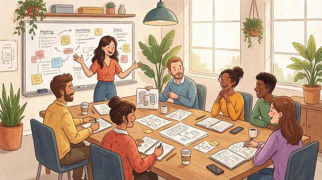 Team meeting presentation illustrative diagram collaboration