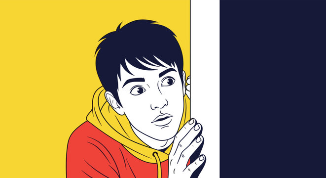 Curious or suspicious young man in a red hoodie peeking cautiously around the corner of a wall in a bold graphic style.