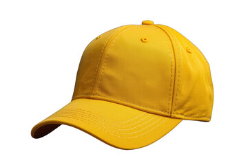 Fototapeta premium Yellow baseball cap with blank design isolated on transparent background, showcasing casual headwear