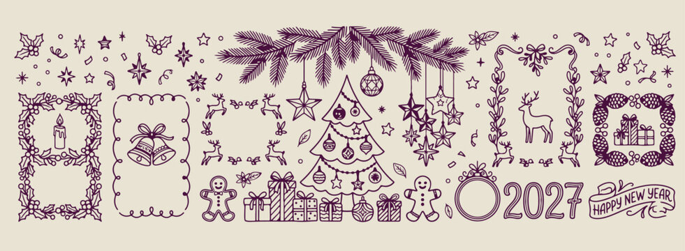 pine needle garland and xmas tree, aesthetic winter holiday doodles, hand drawn christmas tree sketches, creative holiday greenery line art, minimal winter season drawings, scrapbook holiday doodle se