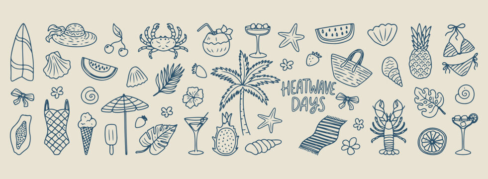 tropical island and cocktail icons, aesthetic summer holiday doodles, hand drawn palm tree sketches, creative beach vacation line art, minimal tropical drink drawings, scrapbook summer doodle set, bea