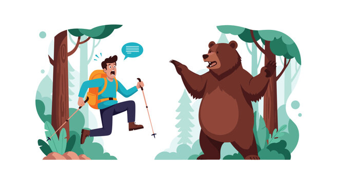 Scared hiker with a backpack and trekking poles jumps back in fear when encountering a large brown bear in the forest.