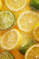 Refreshing close up of fresh lemon and lime slices in sparkling carbonated water with bubbles for beverage advertising and summer marketing.