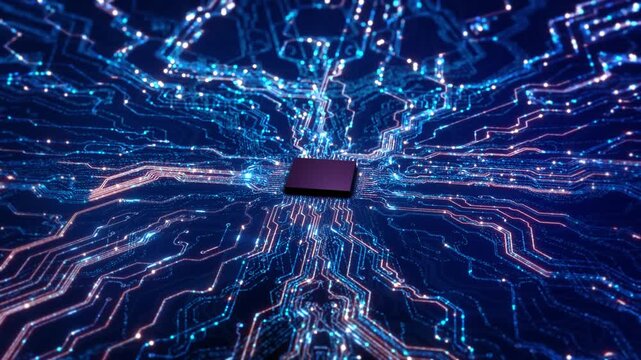 Artificial Intelligence CPU Processor on Futuristic Circuit Board microchip radiating glowing blue data pathways. AI machine learning, neural networks, and advanced computing power concepts 3D