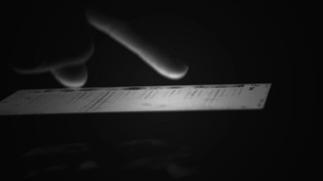 Dramatic and moody black-and-white video footage captures a close-up, side-angle view of a person's finger actively scrolling and swiping on a brightly glowing smartphone screen