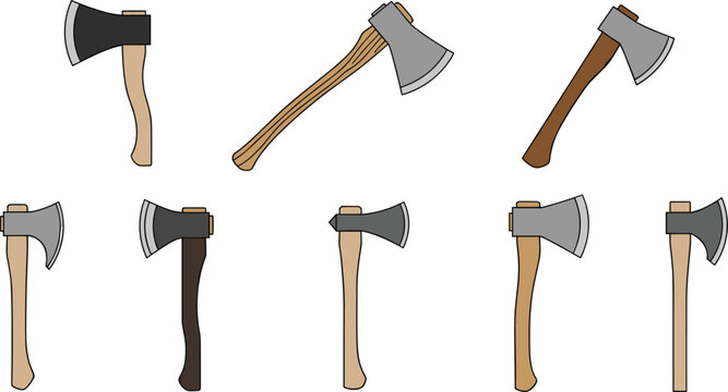 Collection of Wood Cutting Axes with Different Handle Styles for Forestry, Camping, and Outdoor Tool Vector Illustration