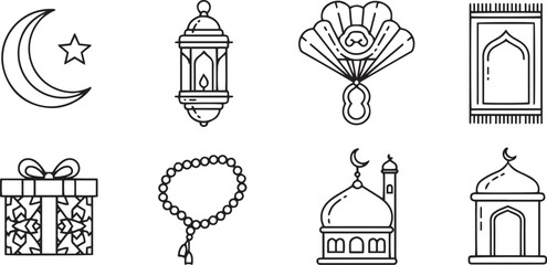 Naklejka premium Black and white islamic including mosque lantern gift and rosary muslim crescent moon