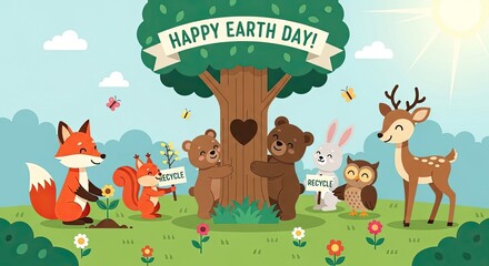 Fototapeta premium Happy earth day celebrating nature with adorable forest animals and a lush green tree