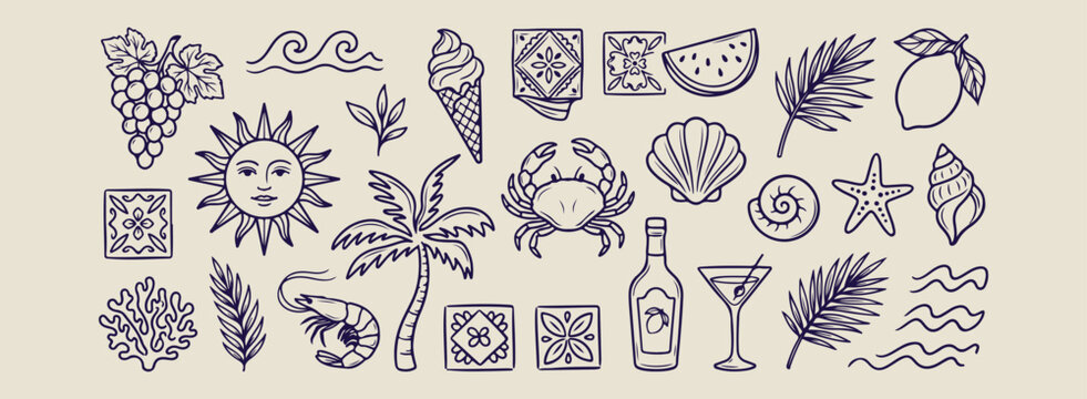 summer beach and crab doodles, aesthetic ocean vacation sketches, hand drawn crab and palm art, creative tropical holiday line art, minimal sea life icons, scrapbook beach travel elements, summer beac