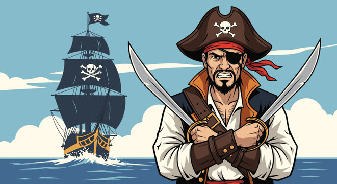 Fierce pirate captain with an eye patch crossing two cutlass swords in front of a large black sailing ship with skull and crossbones flags.