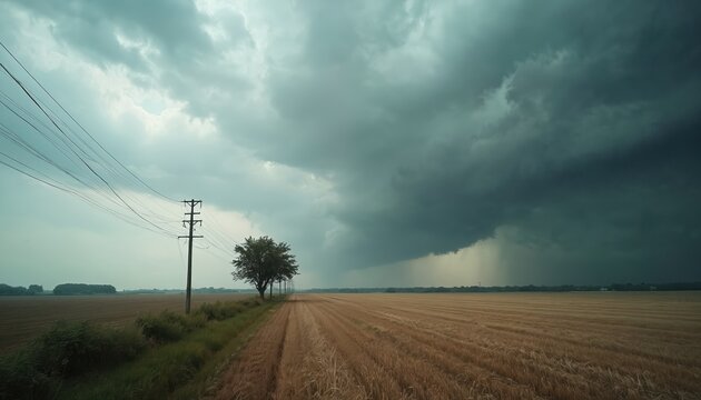 Dark storm clouds gather over harvested wheat field under power lines. Tree stands alone on grassy verge beside country road leading to horizon.