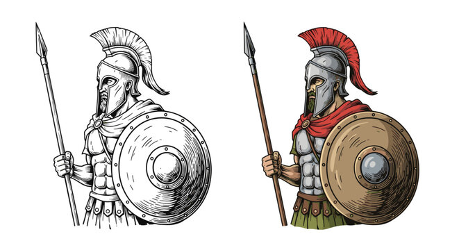 Detailed illustration of an ancient spartan or roman warrior wearing a plumed helmet and holding a spear and a large circular metal shield.