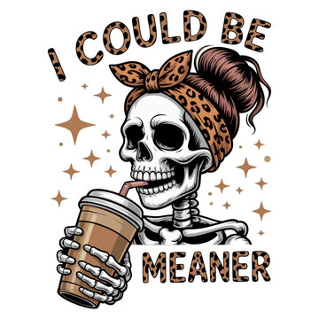A stylized illustration of a skeleton drinking a brown coffee drink through a straw.