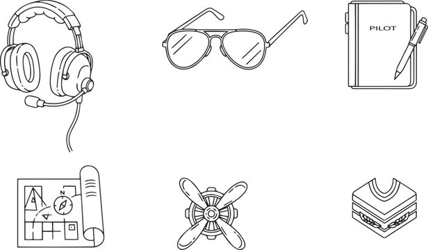 Black and white line of pilot accessories and symbols aviation headphones sunglasses notebook
