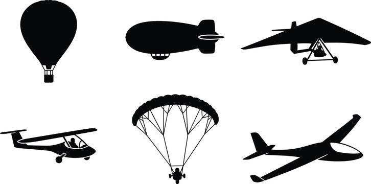 Air transport silhouette vector icon set featuring hot air balloon blimp hang glider airplane and parachute isolated on white background