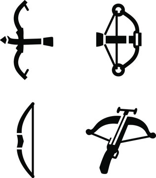 Archery bow crossbow silhouette vector icon collection featuring hunting bow crossbow weapon arrows and shooting equipment arranged in grid layout isolated on white background