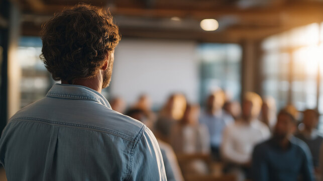 Manager training employees on mental health first aid using interactive presentation in modern training room, diverse participants taking notes and asking questions, building workplace competency, p