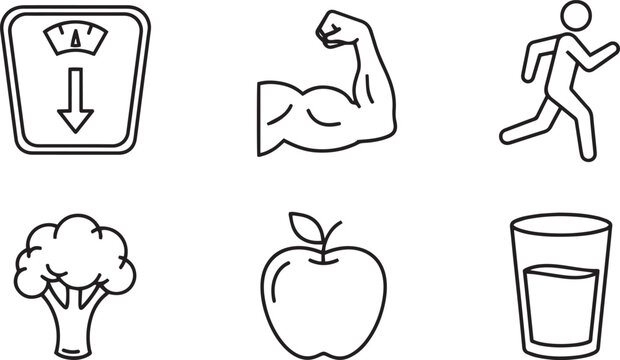 Black line of six health including a scale with downward arrow, flexed bicep, running person, broccoli, apple, and glass of water