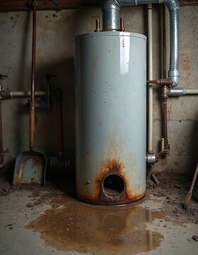 Rusty water heater leaks in basement flood. Dirty water pools on concrete floor near pipes and shovel. Home plumbing disaster needs repair, causing house damage and potential insurance claim.