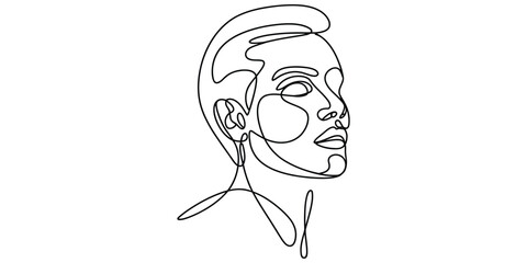 Minimalist continuous line art drawing of a young person profile portrait with elegant features © Das