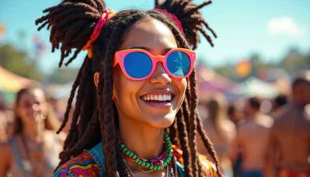 Young woman with dreadlocks smiles brightly at outdoor music festival. She wears pink sunglasses and colorful beaded necklaces. People mill around in bright sunshine at summer event.