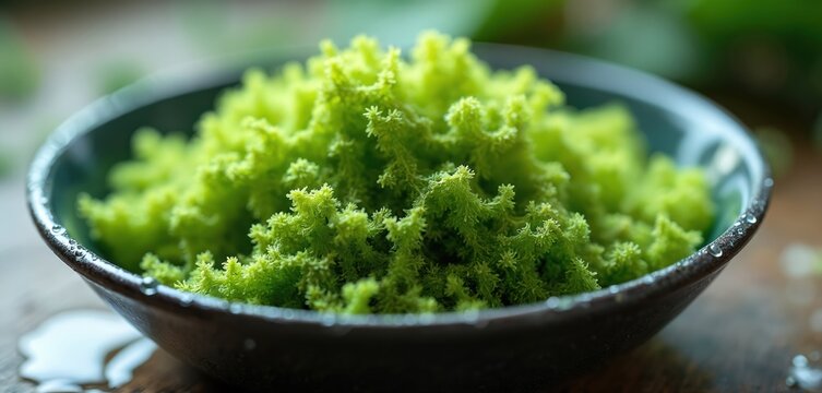 Fresh green sea moss in dark bowl. Chondrus crispus algae with water droplets. Healthy food ingredient on rustic table. Natural organic superfood.