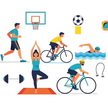 Diverse people engaged in various fitness activities and sports, healthy lifestyle concept.