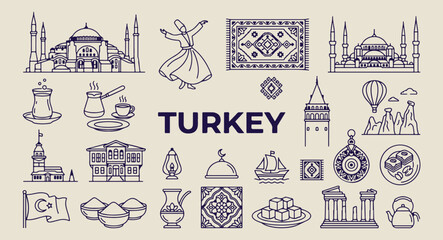 Fototapeta premium turkey landmarks and mosaic sketches, hand drawn istanbul doodles, aesthetic turkish culture art, creative turkey tourism line art, minimal middle east icons, scrapbook turkey travel elements, turkish