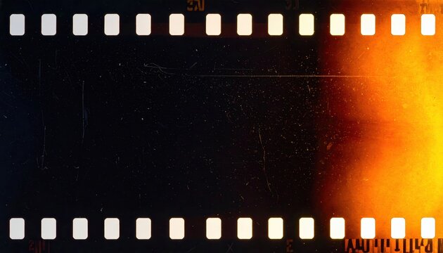 Vintage 35mm Film Strip Frame with Sprocket Holes and Intense Orange Light Leak