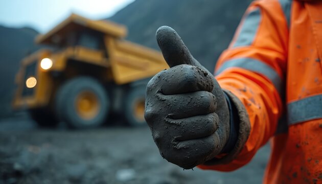 Miner wearing orange hi-vis jacket gives thumb up. Dirt covered glove shows approval near large yellow dump truck. Hard work and mining industry success at quarry site.