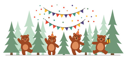 Naklejka premium Four adorable bear cubs, playfully wearing party hats, joyfully dancing amidst a vibrant pine tree forest adorned with colorful festive garlands.
