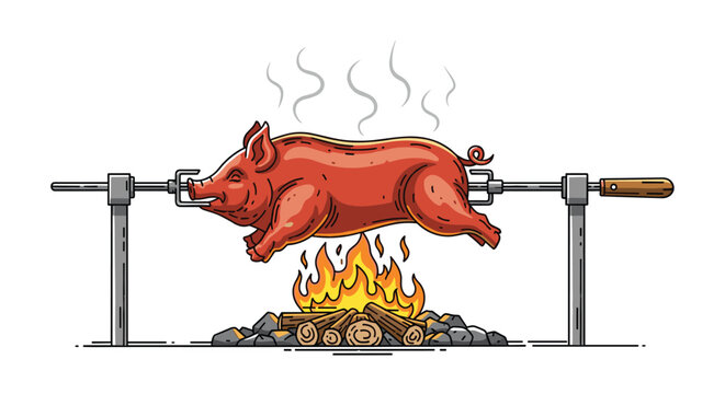 Traditional suckling pig roasting on rotating spit over charcoal fire and wood logs with smoke rising against white background.