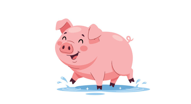 Happy cartoon pig with joyful expression splashing and jumping in blue water puddle against clean white background.