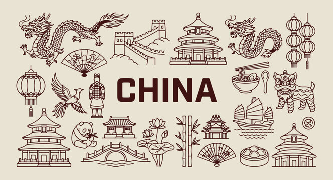 china history and culture sketches, hand drawn great wall landmarks, aesthetic chinese travel doodles, creative china tourism line art, minimal asian heritage icons, scrapbook china travel elements, c