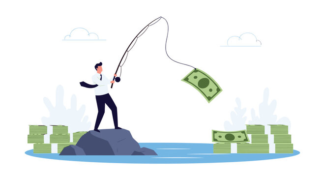 Businessman standing on rock in ocean using fishing rod to catch large paper money banknote with stacks of cash nearby.