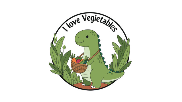Cute cartoon dinosaur wearing a cap and overalls pushes a wheelbarrow full of fresh vegetables, with I love vegetables text.