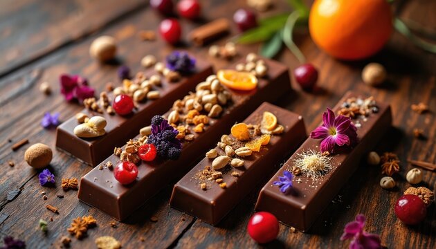 Four artisan chocolate bars topped with nuts fruits and edible flowers. Presented on rustic wooden table with scattered cherries nuts and spices for an exquisite dessert experience.