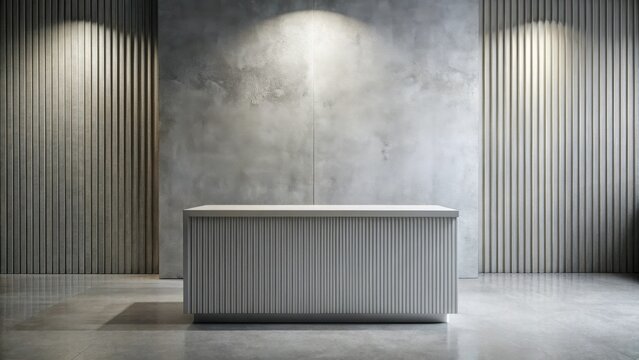 Modern minimalist interior design featuring a sleek white reception counter against a textured concrete wall and ribbed paneling