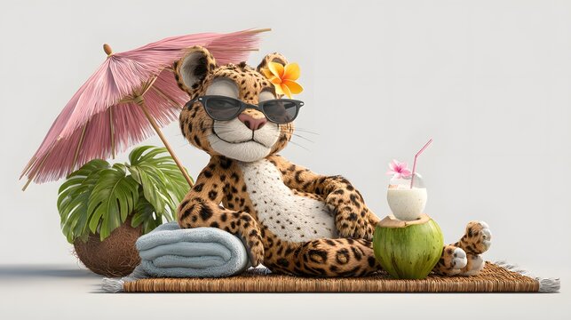 Cute Cartoon Leopard Character Relaxing on Beach with Coconut Drink