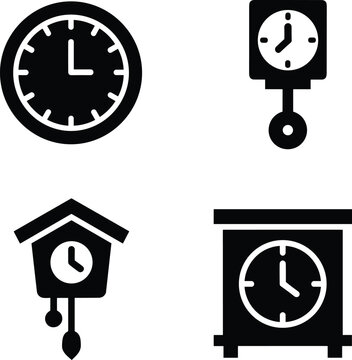 Clock timepiece silhouette vector icon collection featuring wall clock pendulum clock cuckoo clock and desk clock designs arranged in grid layout isolated on white background