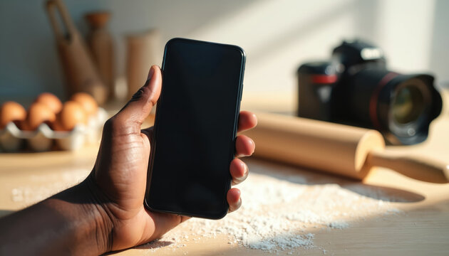 Black hand holds phone with blank screen in kitchen. Eggs, flour, rolling pin, and camera nearby. Cooking and photography concepts blend. Use for recipe, tutorial, lifestyle content.