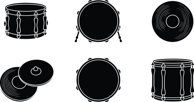 Drum kit percussion instruments silhouette vector icon collection featuring snare drum bass drum cymbals and music rhythm equipment arranged in grid layout isolated on white background