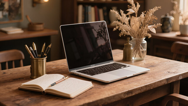 Cozy Home Office Workspace with Laptop and Notebook on Wooden Table