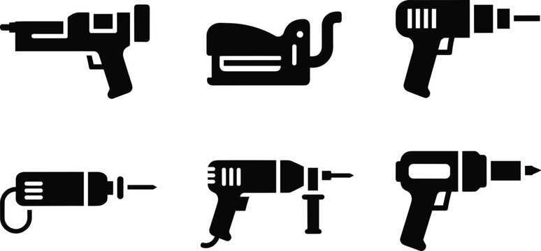 Electric drill and power tool silhouette vector icon set featuring cordless drill impact driver rotary drill and construction tools isolated on white background
