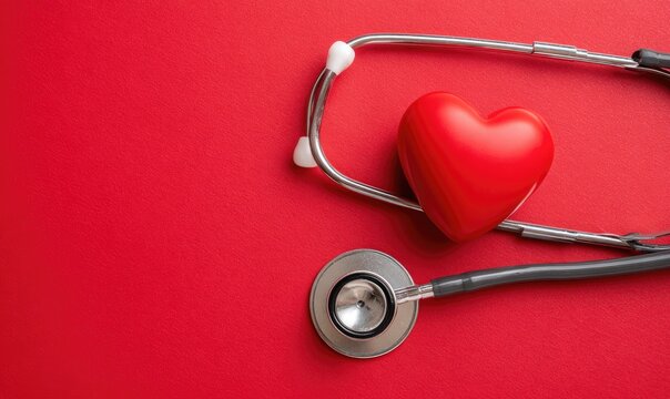 Stethoscope and red heart prop on a bright red background