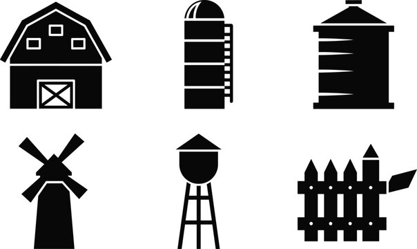Farm building silhouette vector icon set featuring barn silo water tower windmill grain storage and rural structures isolated on white background