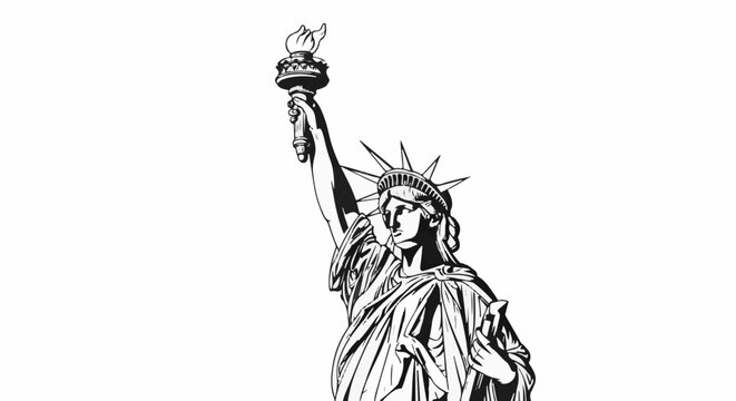 Iconic statue of liberty holding torch aloft against white backdrop