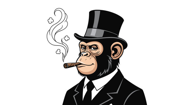 Sophisticated chimpanzee wearing a tuxedo and top hat smoking a cigar with puffs of smoke rising up into the air.
