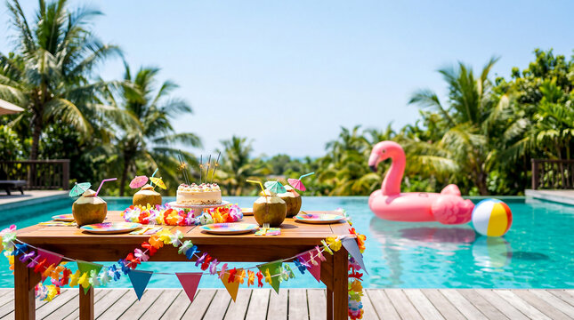 Summer Pool Party Birthday Decoration with Cake and Tropical Drinks Poolside