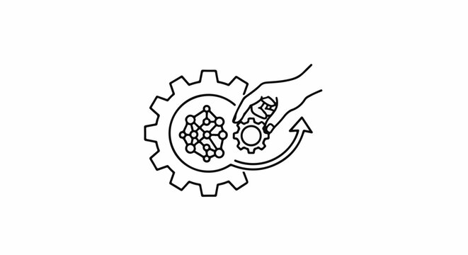 Hand inserting gear into network within large gear with rotation arrow